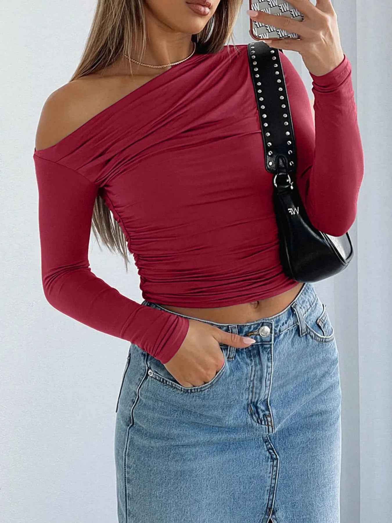 Ruffled Single Shoulder T-Shirt Burgundy 7ba3db0314b348af92e77869c4e9eecd-Max-Origin