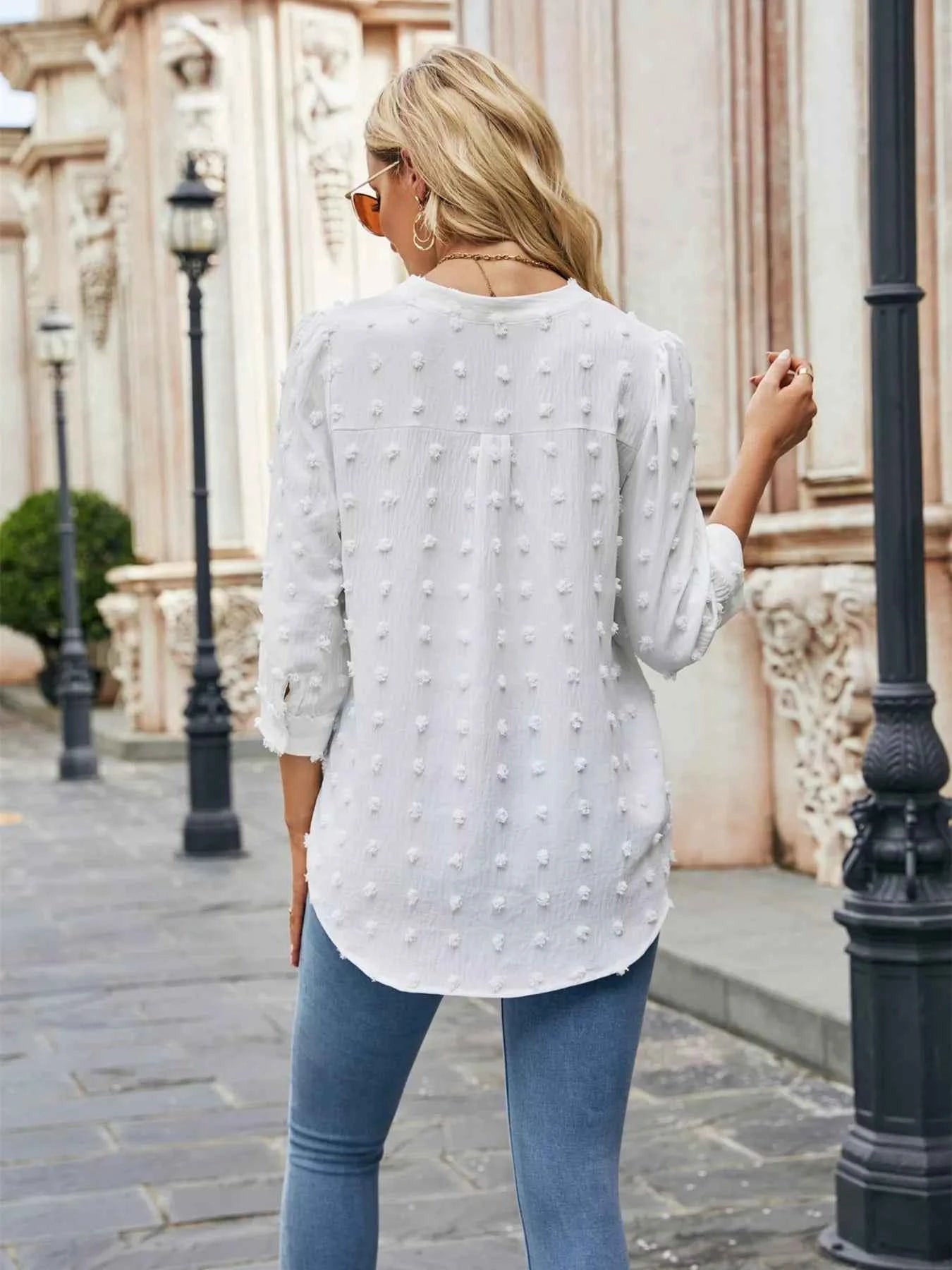Swiss Dot Notched 3/4 Sleeve Blouse White 7bad4e5e666f4f8784558807f1908065-Max-Origin