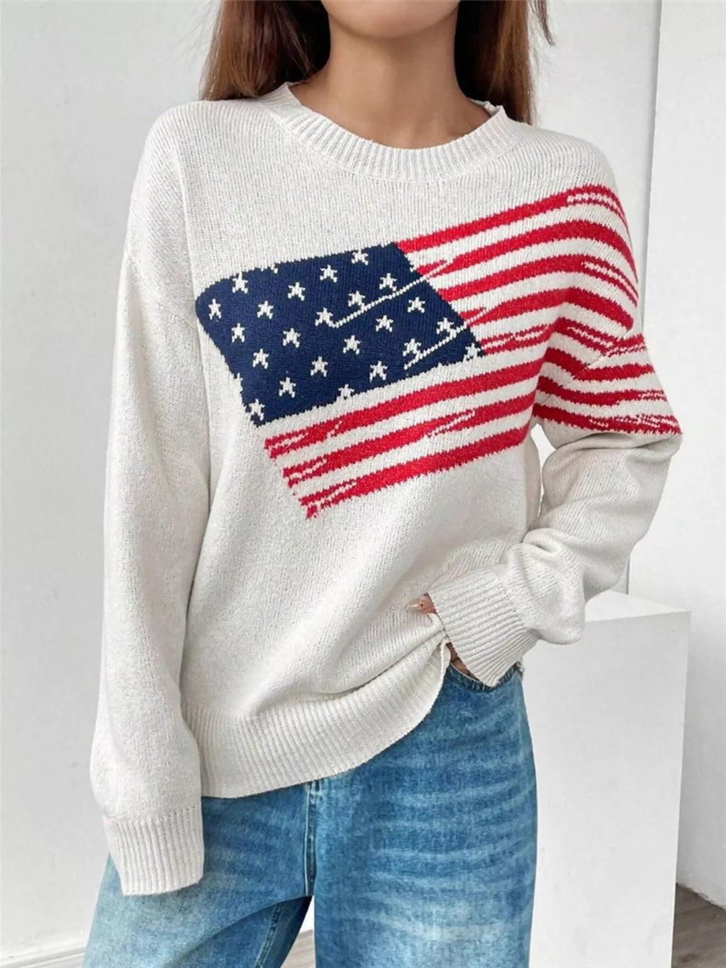 US Flag Round Neck Long Sleeve Sweater White 7bbd5fb020014127a6cfdfdde6f830f2-Max-Origin