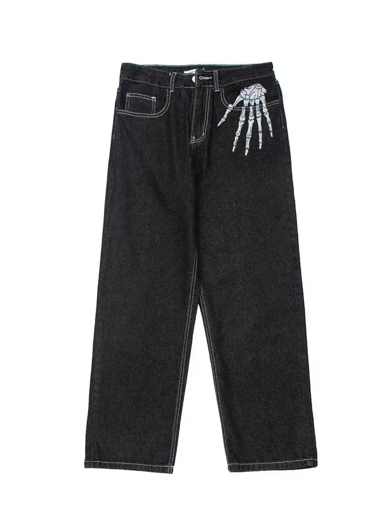 Men's Skeleton Embroidered Straight Leg Jeans Black 7bc29ba1caab47399d95ea77573ea02e-Max-Origin