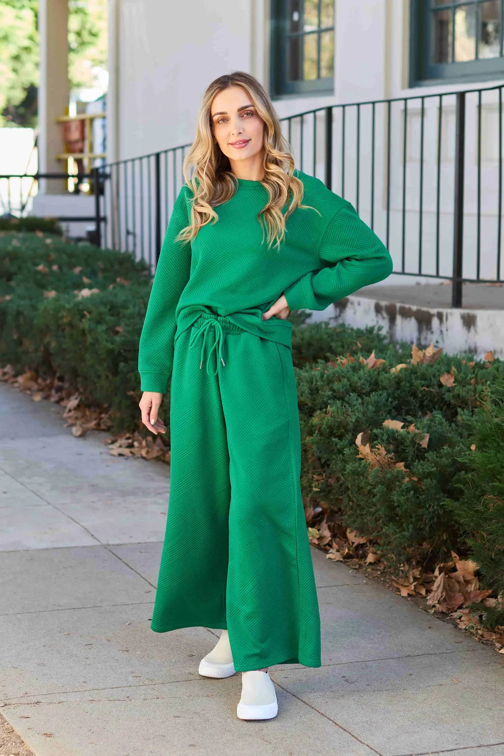 Double Take Full Size Textured Long Sleeve Top and Drawstring Pants Set Green 7be10a16a4a641e0847324fdc1bfaa2c-Max