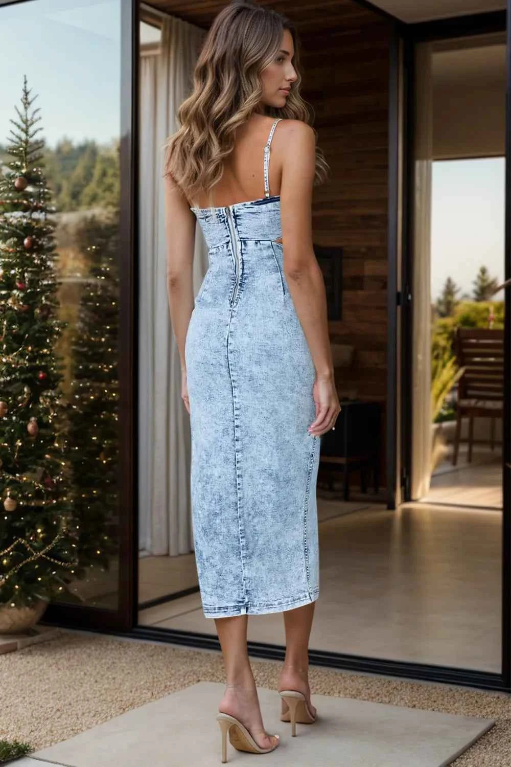 Cutout Slit Spaghetti Strap Denim Dress 7be57dfe-c98a-4894-8f0f-6c3afc59e3f3-Max
