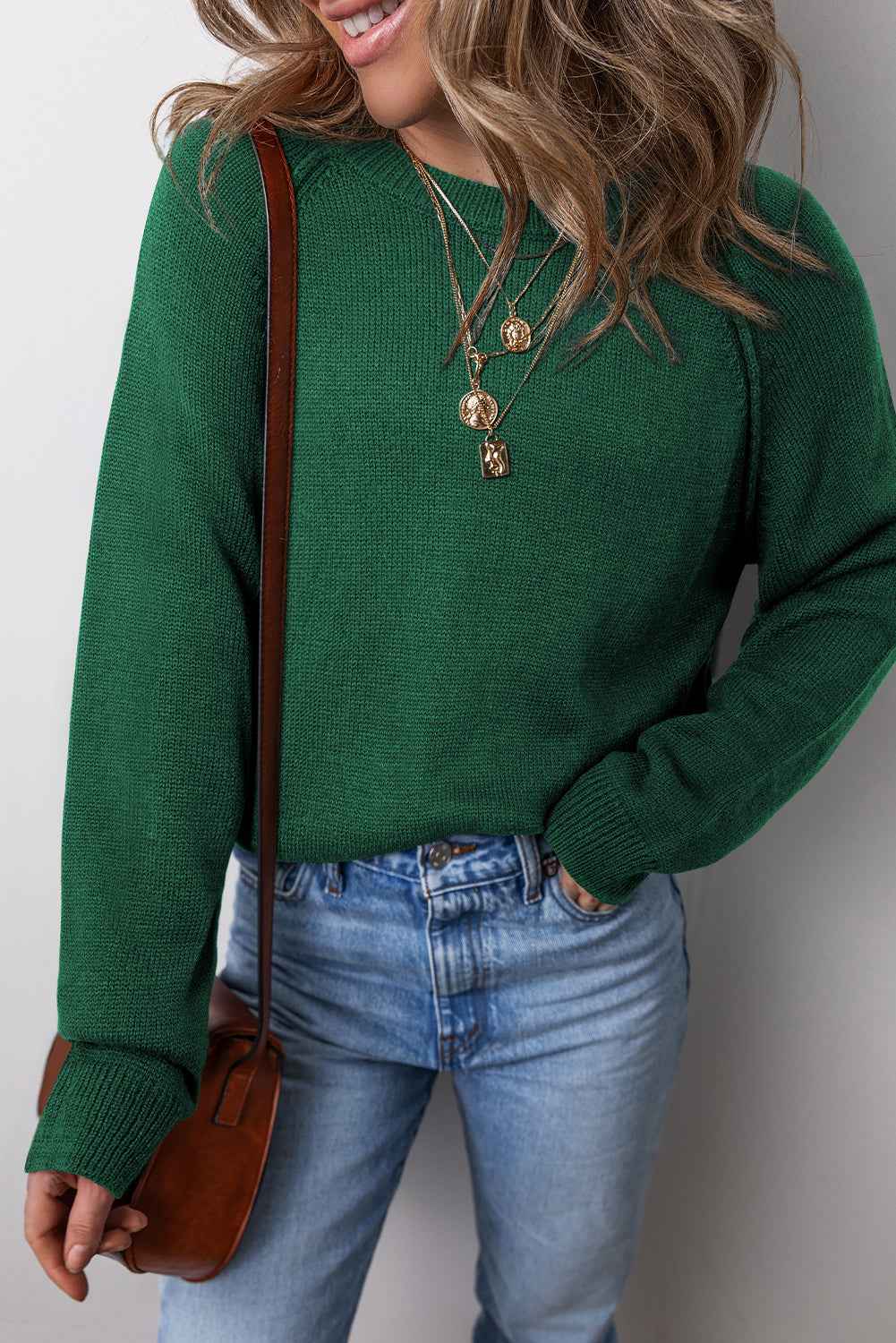 Evergreen Plain Raglan Sleeve Crew Neck Sweater Evergreen 65%Acrylic+35%Polyamide 7bedb9d7c3853399