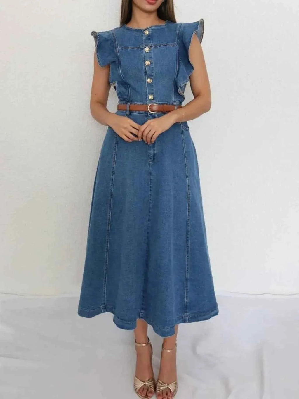 Button-Front Ruffle Sleeve Denim Midi Dress 7bee0e11089e4e39b6195cdce9b15f00-Max-Origin