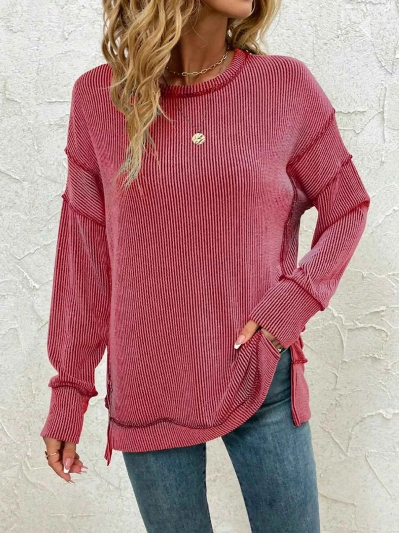 Side Slit Round Neck Dropped Shoulder Sweatshirt Red 7c02d7c65c254f8683262153fe947df5-Max-Origin