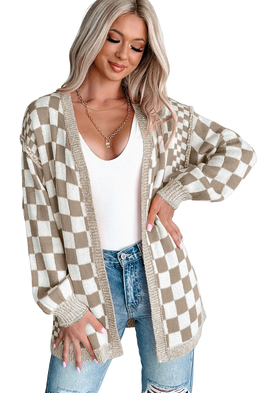 Orange Checkered Open Front Drop Shoulder Cardigan 7c0bcc6f156c2198