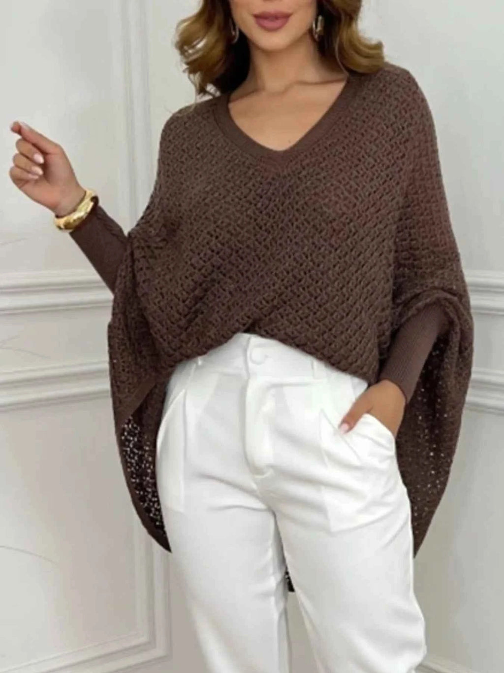 Crochet V-Neck Batwing Sleeves Oversized Sweater 7c58c6d0-6a42-4c77-9d2a-43563316626b-Max-Origin
