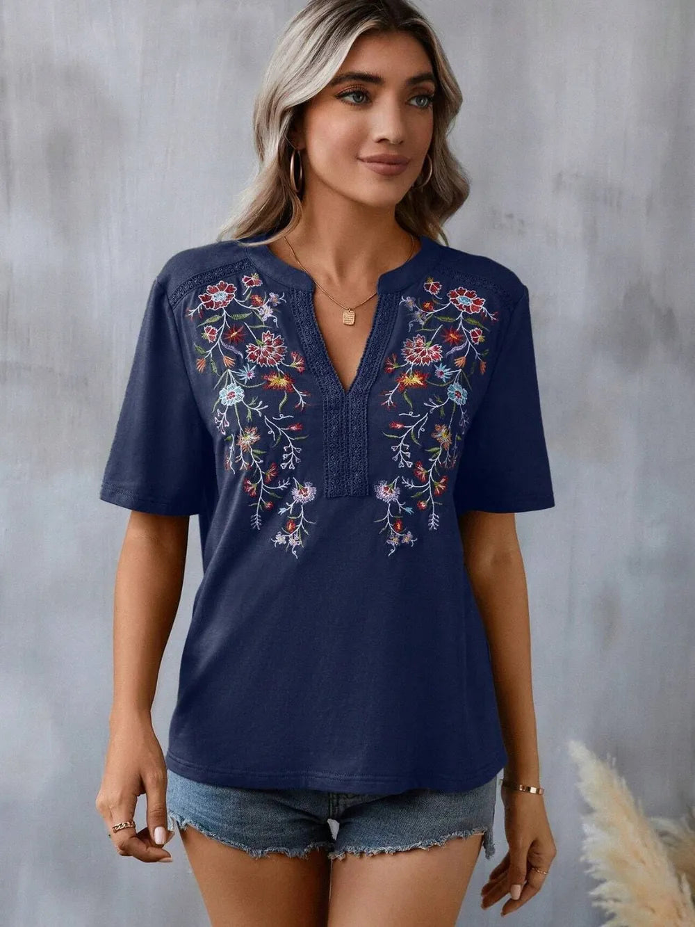 Embroidered Notched Short Sleeve T-Shirt 7c5efab6-6a88-4d29-a401-8e60ee890a01-Max