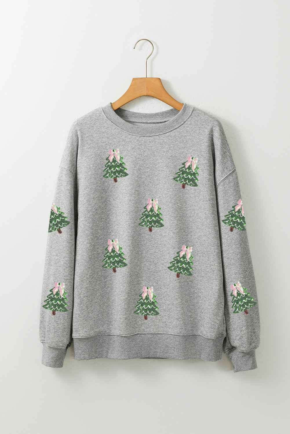 Pink Sequined Xmas Tree Patched Patterned Holiday Pullover Sweatshirt 7c6d71e2b5906fb1