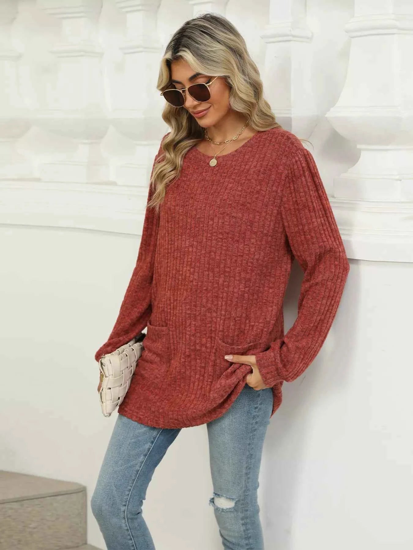 Ribbed Knit Long Sleeve T-Shirt 7c70d56780094571985ab92d39f48bfe-Max-Origin