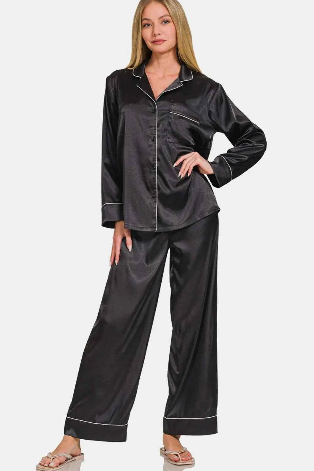 Zenana Satin Long Sleeve Shirt and Pants Pajama Set Black 7c71a00d-3b8c-4bec-b479-6eef0d403cb5-Max