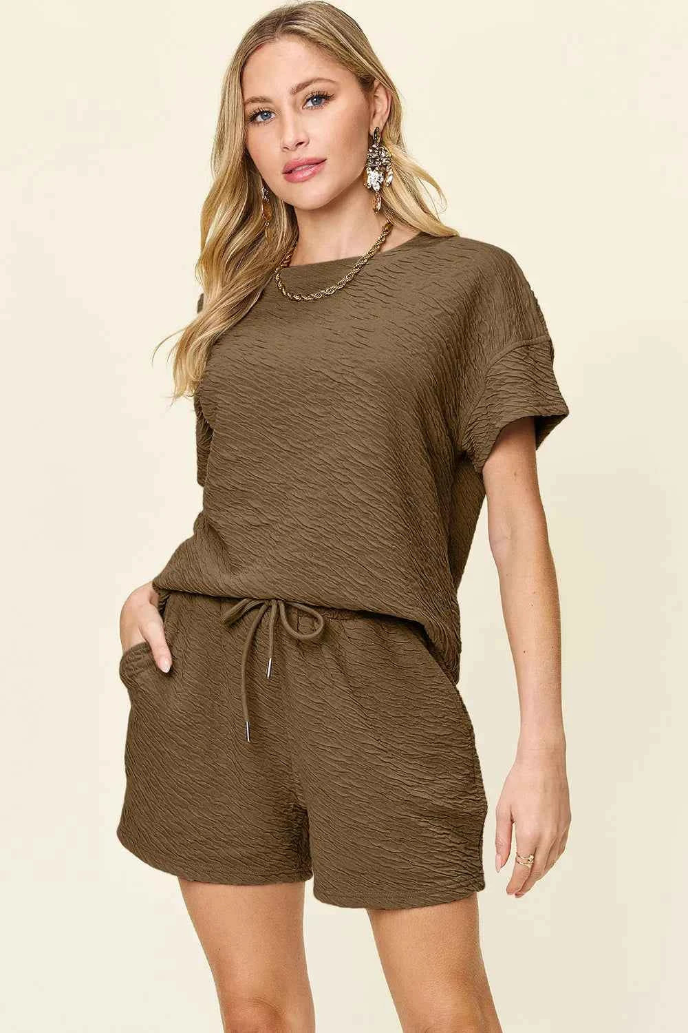 Double Take Full Size Texture Short Sleeve T-Shirt and Drawstring Shorts Set Chestnut 7c7631b1-bcf5-4b79-a695-b0ba20b1ceb7-Max