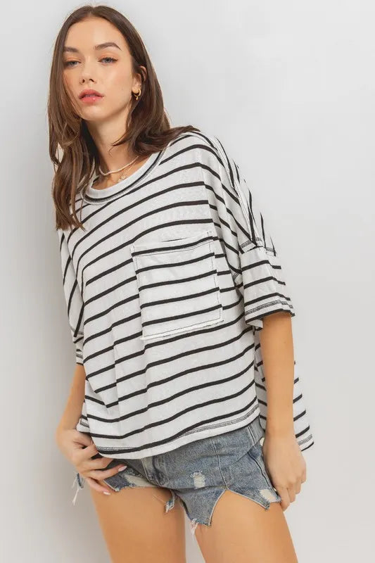 Ces Femme Side Slit Striped Round Neck Half Sleeve T-Shirt 7c7957a9-e566-46d8-8616-4998058cd953-Max