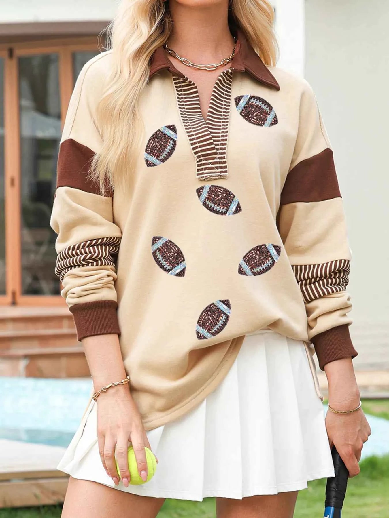 Color Block Striped Patchwork Sequin Rugby Graphic Polo Sweatshirt Tan 7c937b572db1401cb3cefabdd921583b-Max-Origin