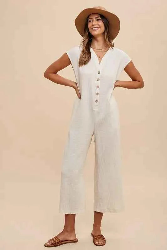 Annie Wear Button Detail Wide Leg Jumpsuit with Pockets Cream 7c9d1936-4733-4166-b6ce-e60b776e347d-Max