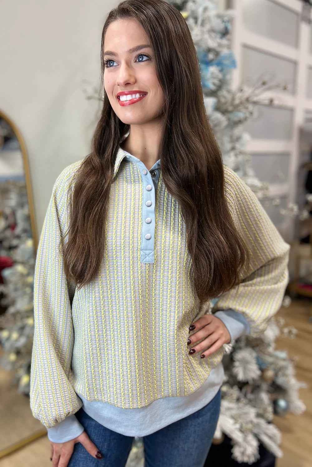 Beau Blue Striped Henley Collar Textured Sweatshirt 7ca2cac46832b9b2