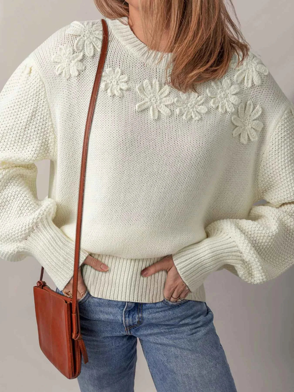 Flower Detail Round Neck Contrast Textured Puff Sleeve Sweater White 7caa5d7fcbf04214b313b63ea430d16c-Max-Origin