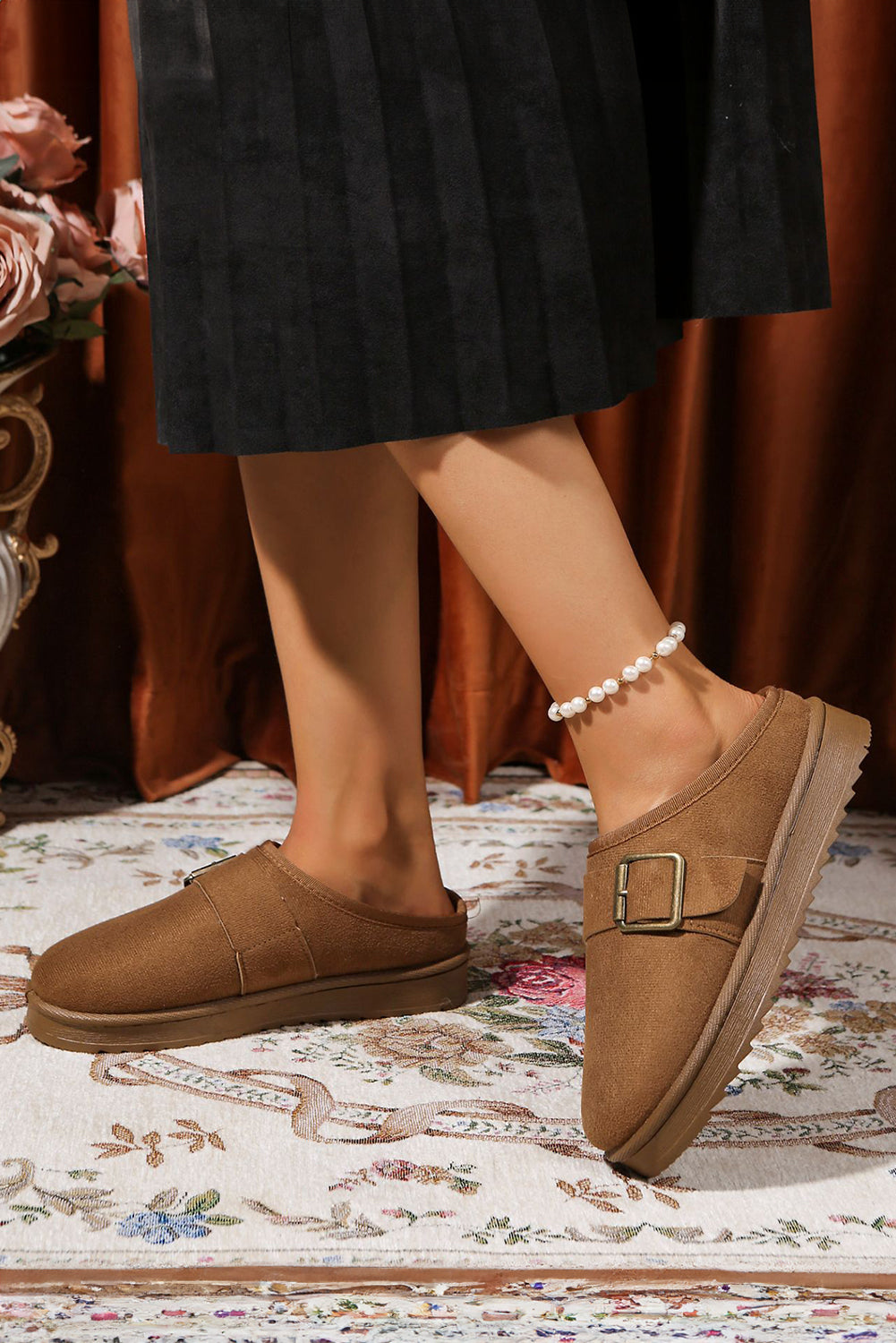 Camel Faux Suede Buckle Strap Detail Winter Clog Slippers 7cac7ae81d818bf3