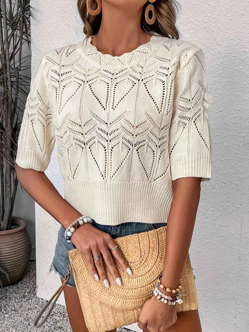 Openwork Round Neck Half Sleeve Sweater 7ccff835e76f44e5a57afee2df1f9620-Max-Origin