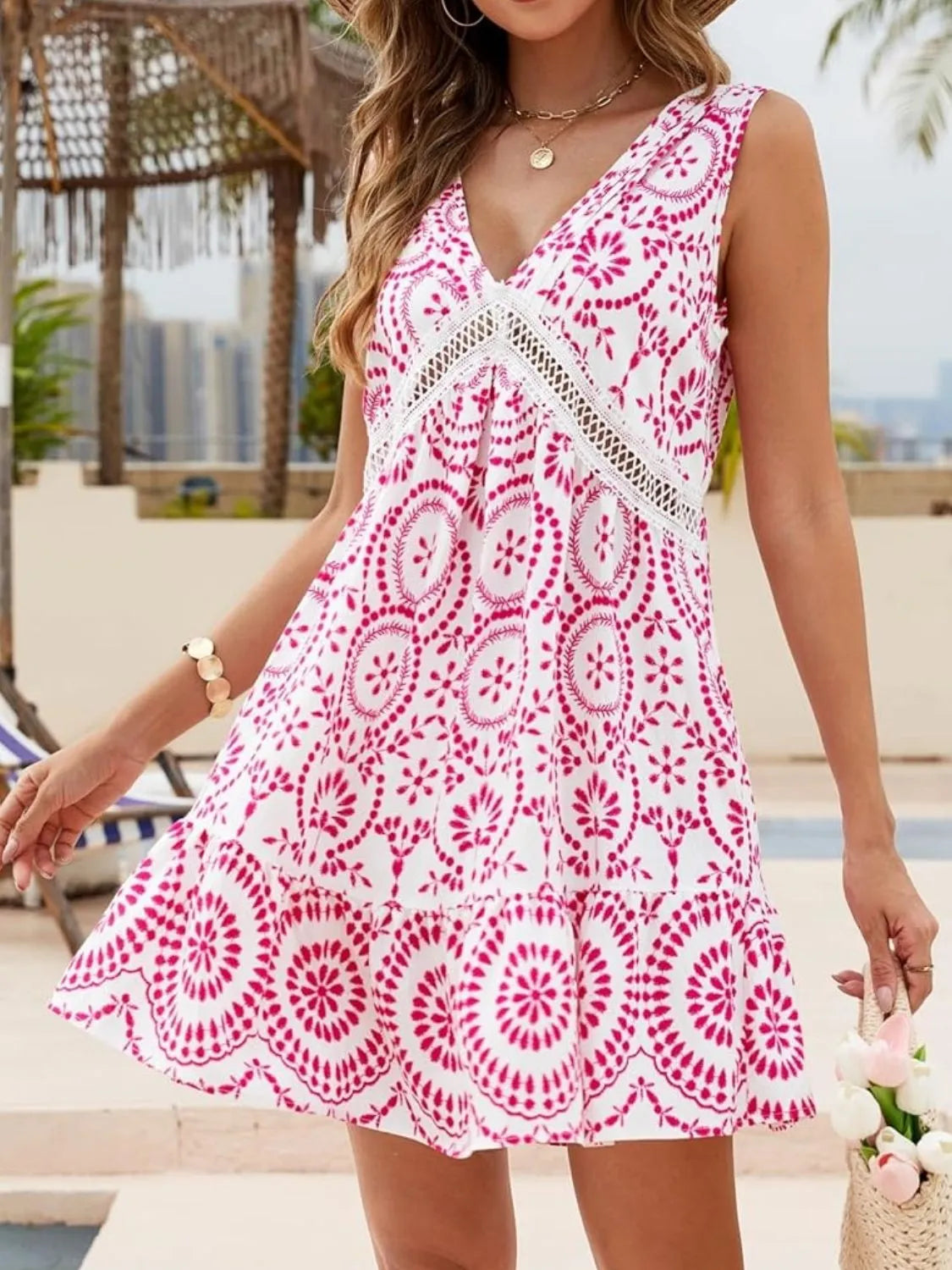 Printed V-Neck Sleeveless Mini Dress Hot Pink 7cd4bde2-57d5-45fe-b082-98810e323ba0-Max-Origin