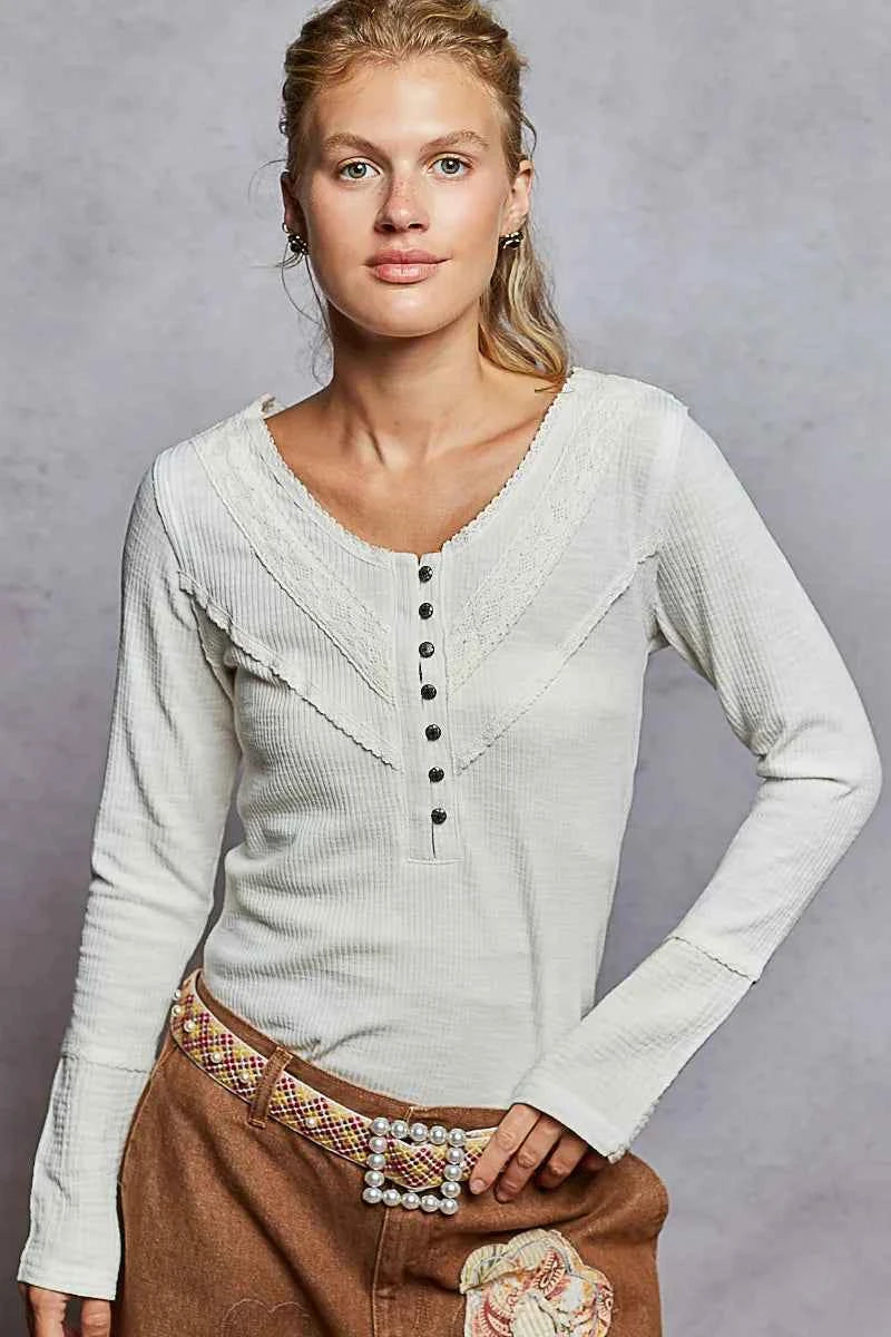 POL Ribbed Half Button Lace Detail Knit Top Ivory 7cdebd92-5c81-4068-b5b7-c2319b531bf8-Max-Origin