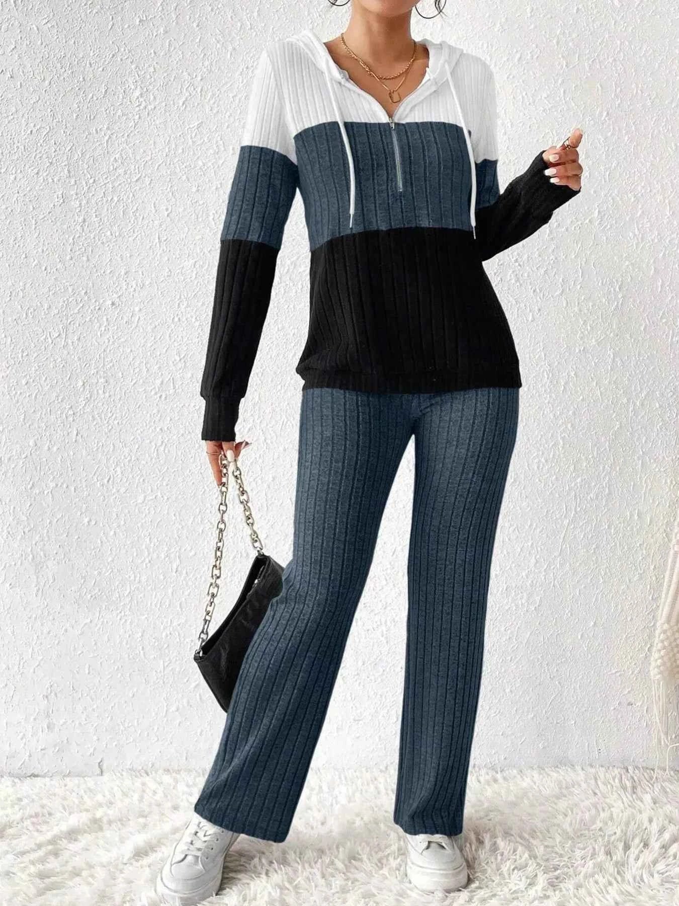 Color Block Half Zip Hooded Top and Pants Set Dark Blue 7ce45235339241f8b8580e56e730babb-Max-Origin