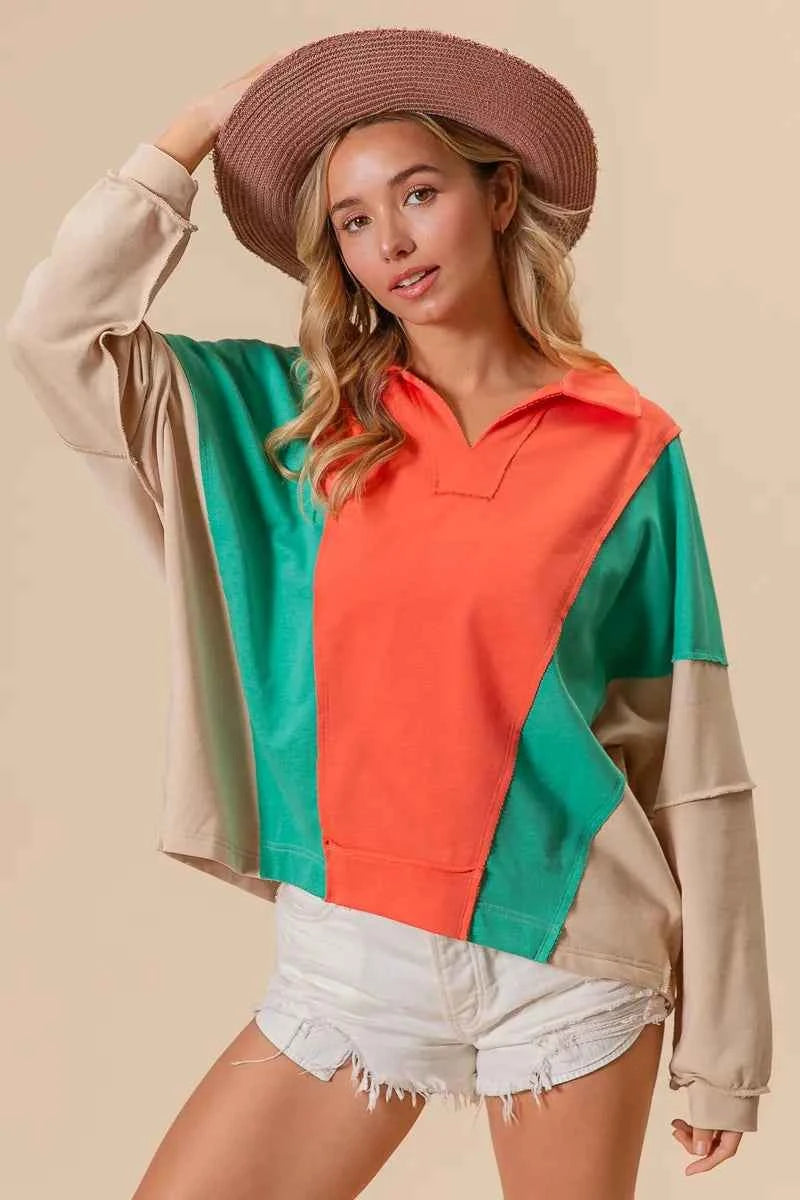 BiBi Colorblock Exposed Seam French Terry Sweatshirt APRICOT MINT SAND 7cefa7e17ecd4973933c11f392333c7a-Max-Origin