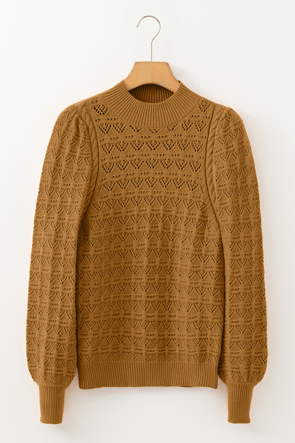 Jurassic Gold Hollow Out Crochet Ribbed Edge Balloon Sleeve Sweater 7cf5d0479ed8d2b3