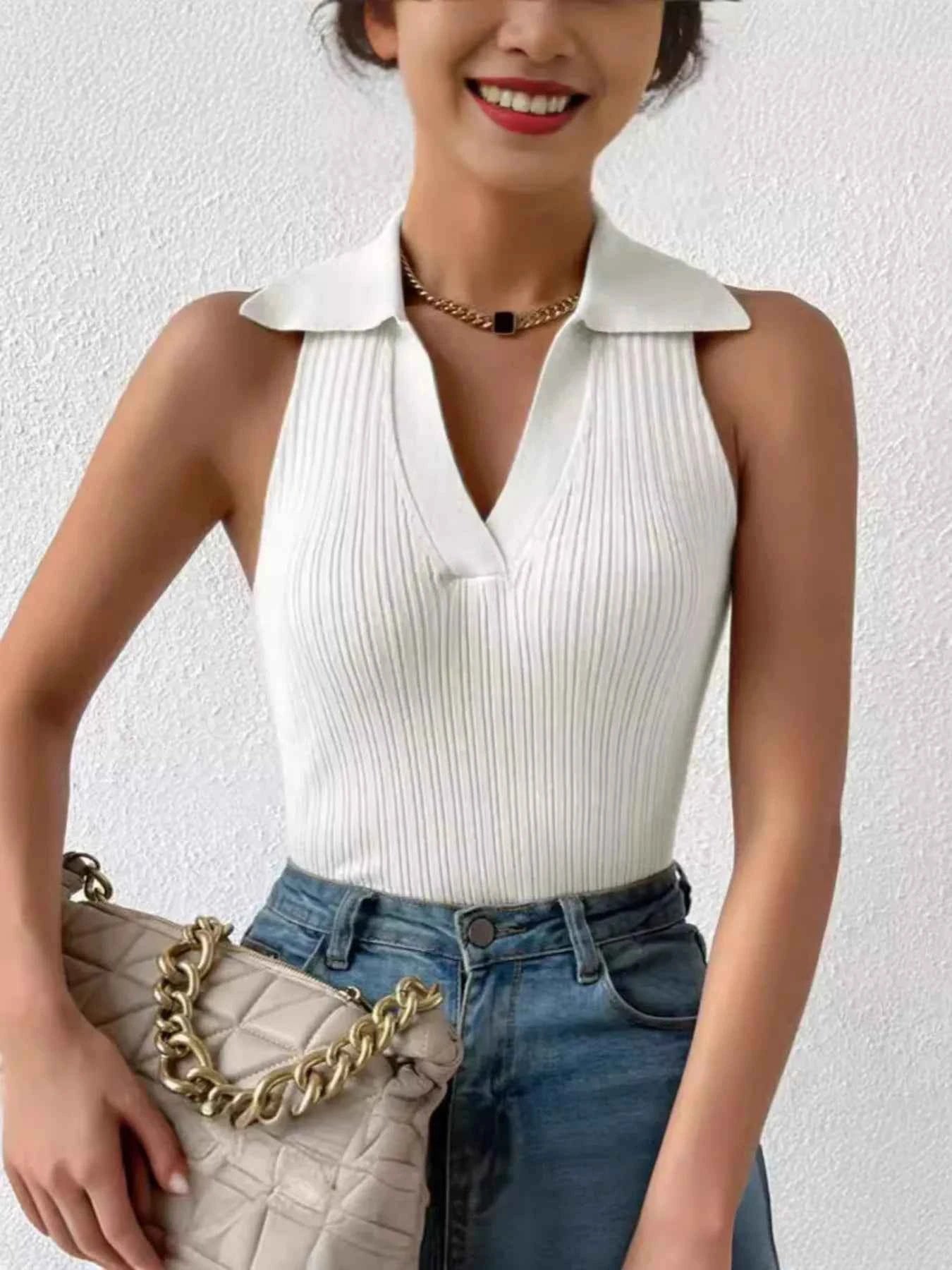 Ribbed Knit Sleeveless Polo Collar Tank Top 7cfe93b11eba49bea356164b182fe291-Max-Origin
