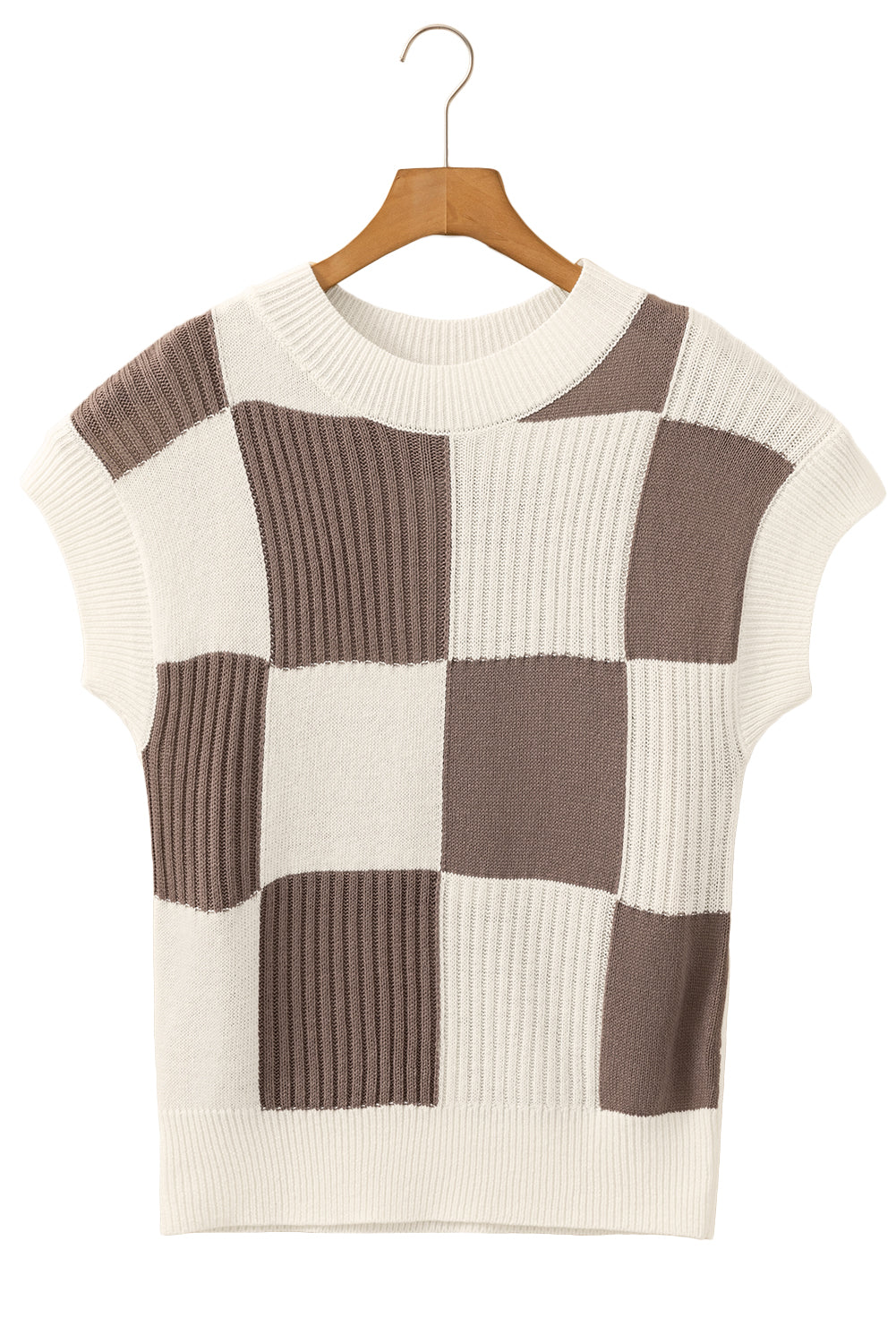 Light Blue Checkered Color Block Crew Neck Short Sleeve Sweater 7d00d191a25b27ab