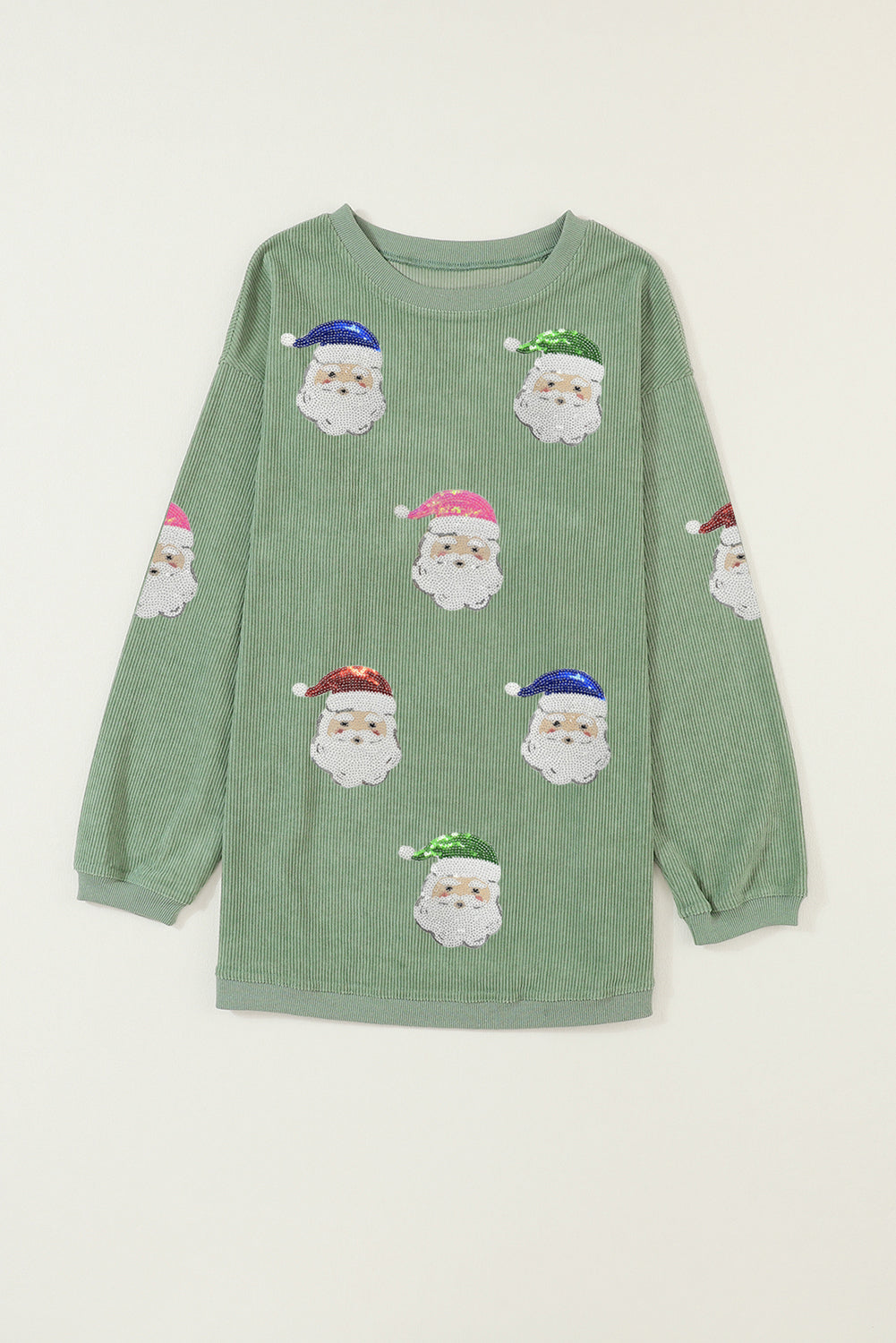 Grass Green Corded Ribbed Santa Claus Graphic Sequins Patch Sweatshirt 7d1fa08aa76c1006