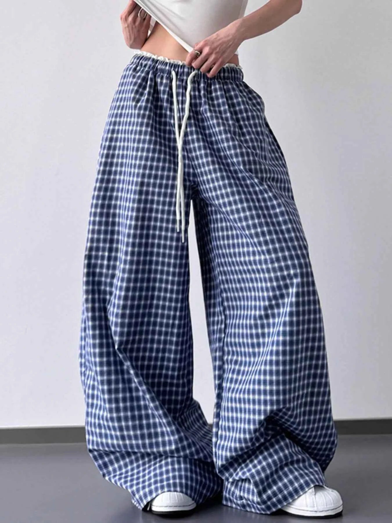 Drawstring Plaid Wide Leg Pants Blue 7d31b0e0-3221-4ebe-bebb-ea8794e19258-Max-Origin