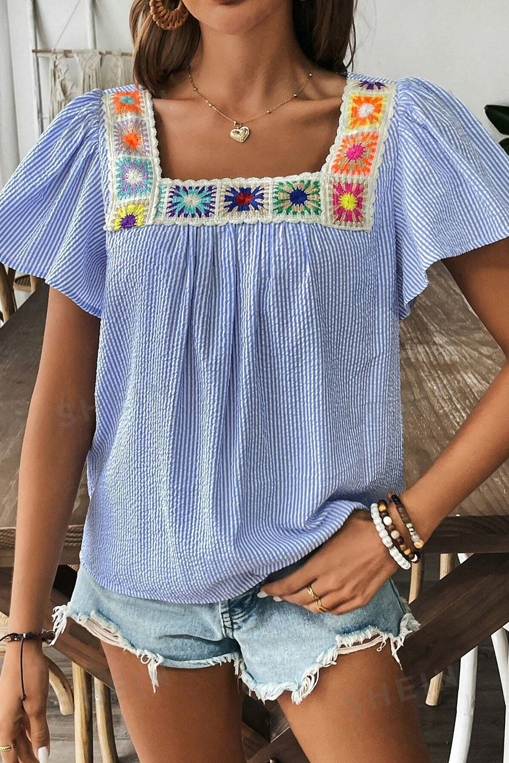 Sky Blue Striped Crochet Applique Boho Blouse Sky Blue Stripe 7d33f203b7515c41