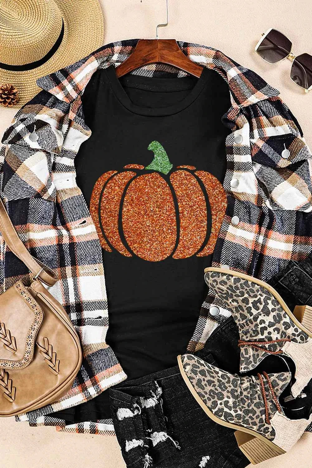 Glitter Pumpkin Round Neck Short Sleeve T-Shirt 7d4d4c1d-6ba2-4566-a28b-f381f648cb4b-Max