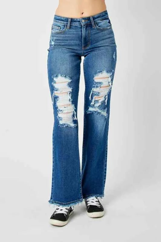 Judy Blue Full Size Mid Rise Distressed Raw Hem Jeans 7d5368a4-c828-4127-8639-5b44a8d909a2-Max