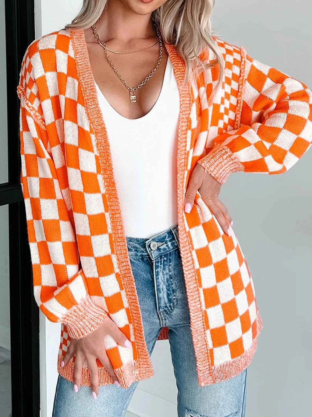 Checkered Pattern Open Front Cardigan 7d55ea94-6b7c-48ff-be45-6db7346733c7-Max-Origin