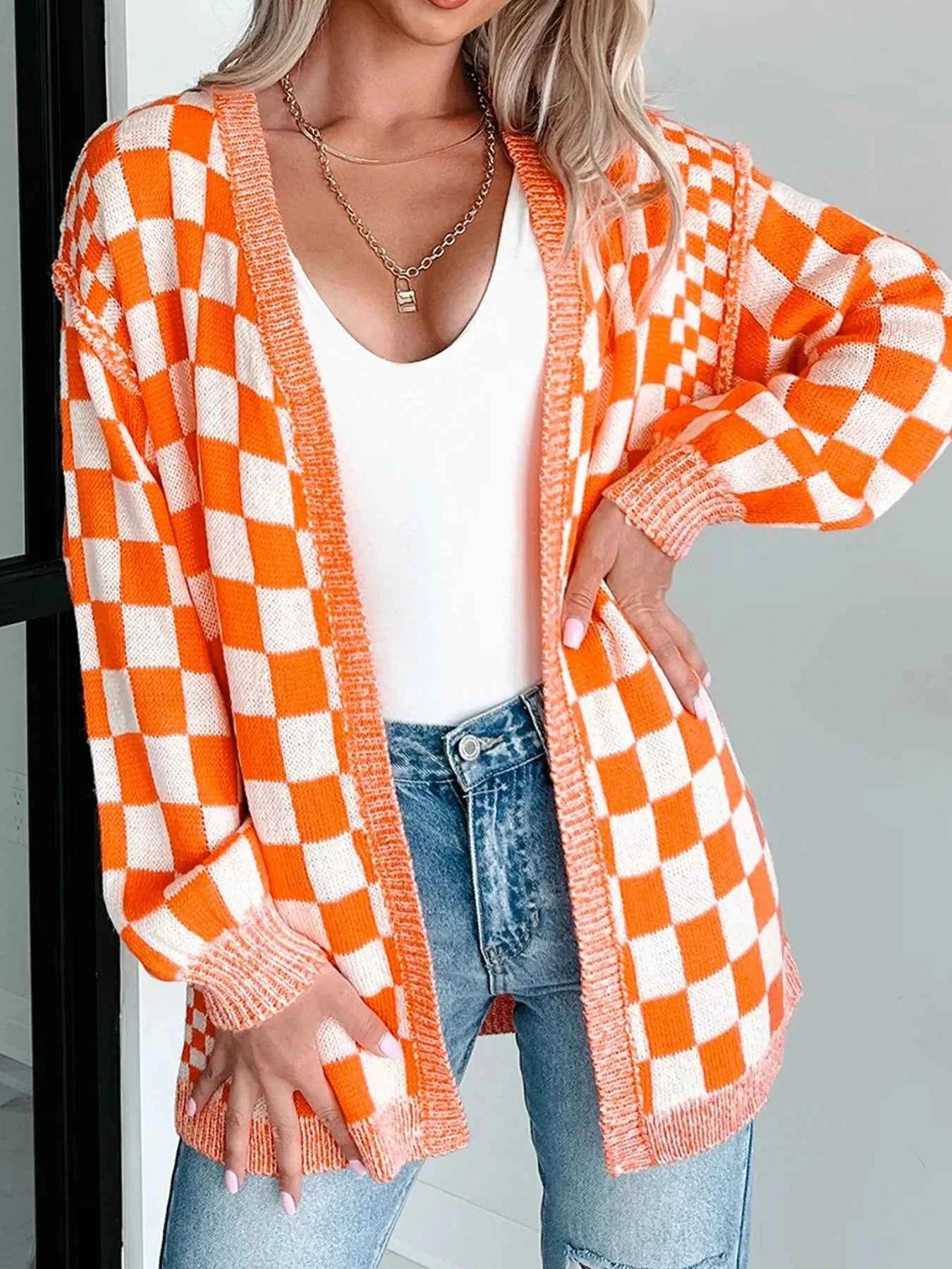 Checkered Pattern Open Front Cardigan 7d55ea94-6b7c-48ff-be45-6db7346733c7-Max-Origin