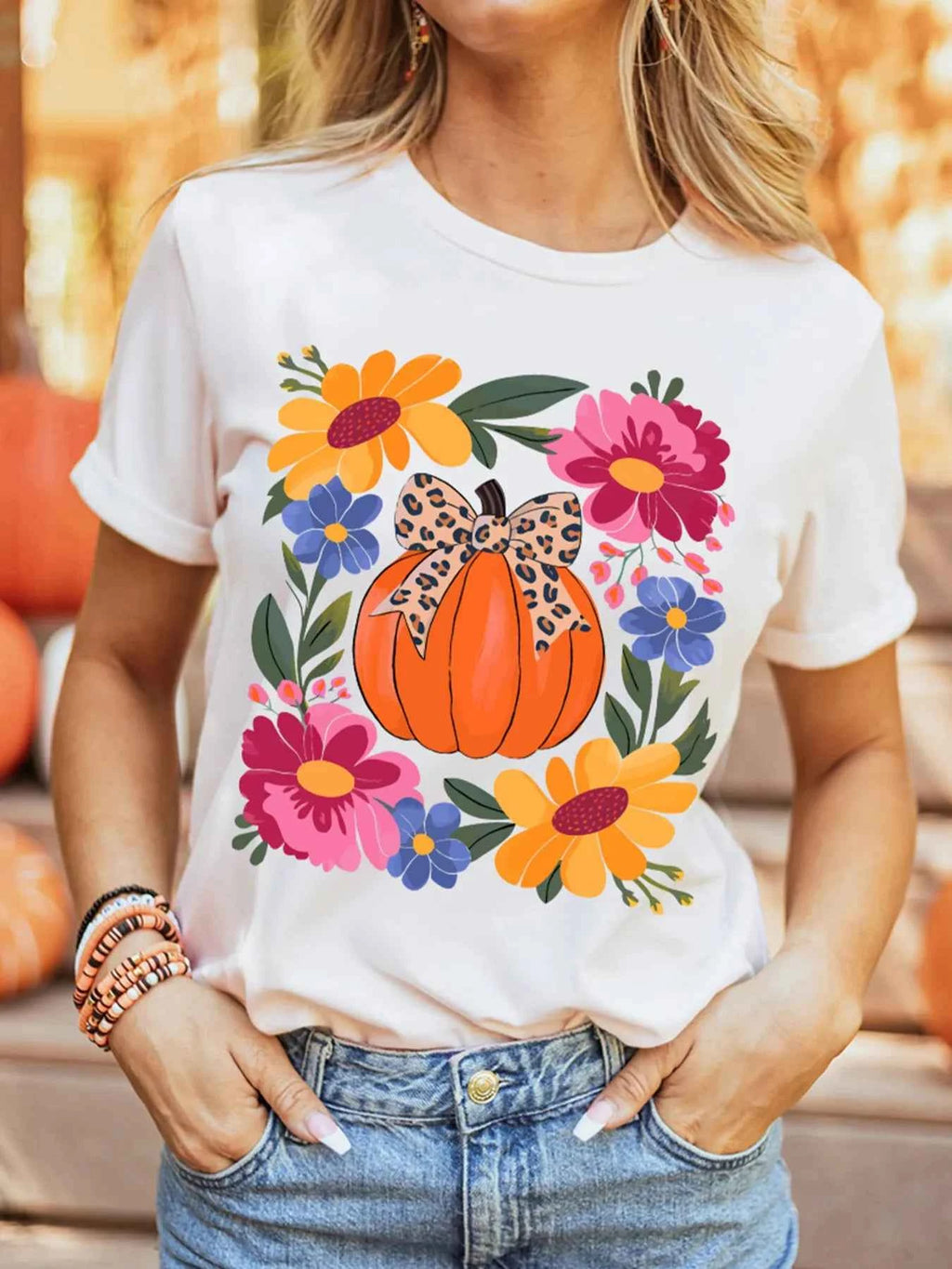 Pumpkin Floral Graphic Round Neck T-Shirt 7d60cac7cd1544a689a94c7242ccab9d-Max-Origin