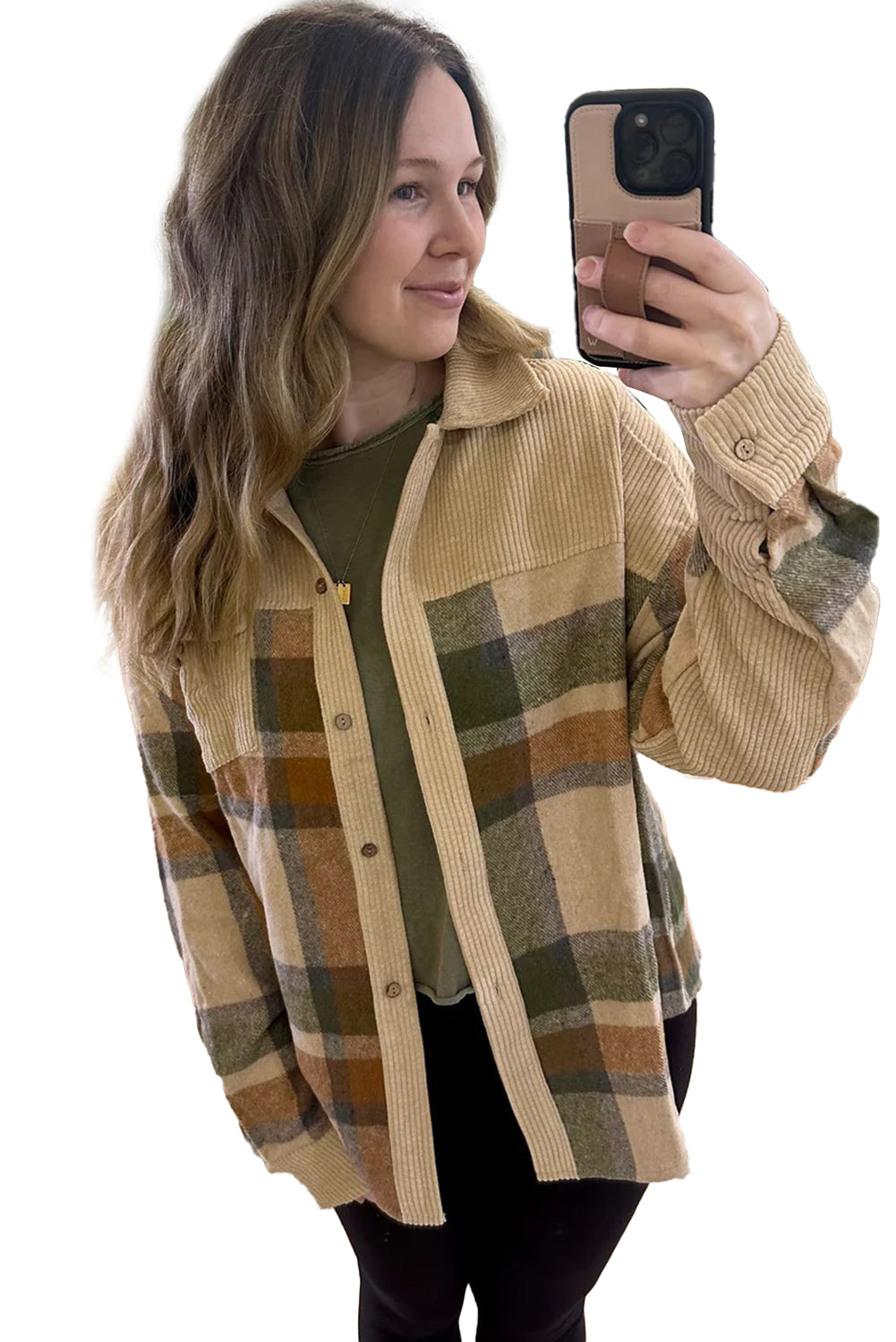 Parchment Plaid Patchwork Long Sleeve Shacket Parchment 7d696da4ba7640e1