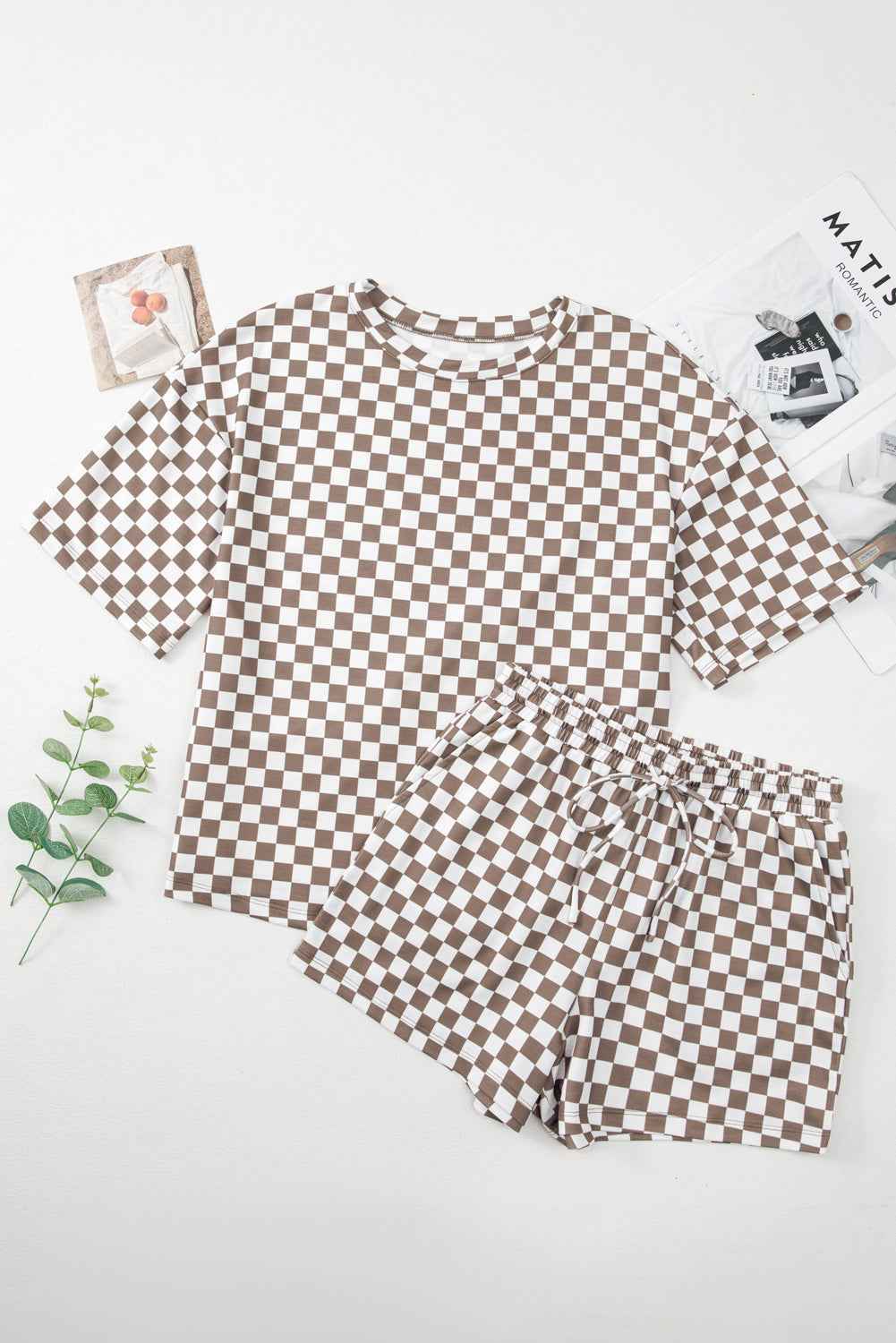 Brown Checkered Top and Drawstring Shorts Pajama Set 7d77689c89b17ebb