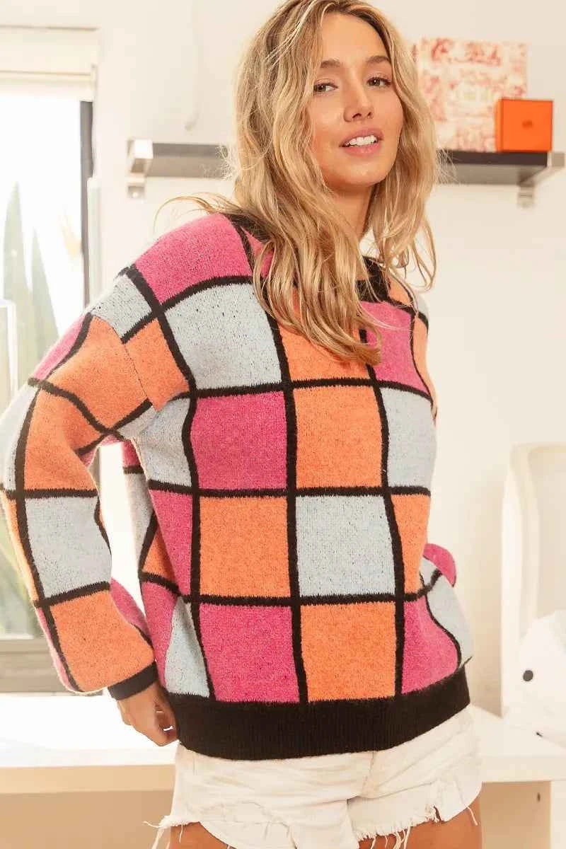 BiBi Multi Color Checker Pattern Sweater 7d804b7099454e5db6f191014b306608-Max-Origin