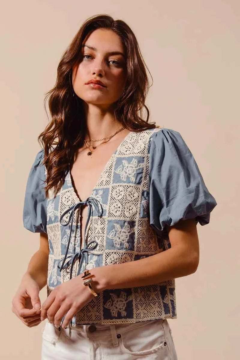 SO ME Crochet Lace Tie Front V Neck Blouse Top 7d8c089f36054c3d865a1bbf0dc7519e-Max-Origin