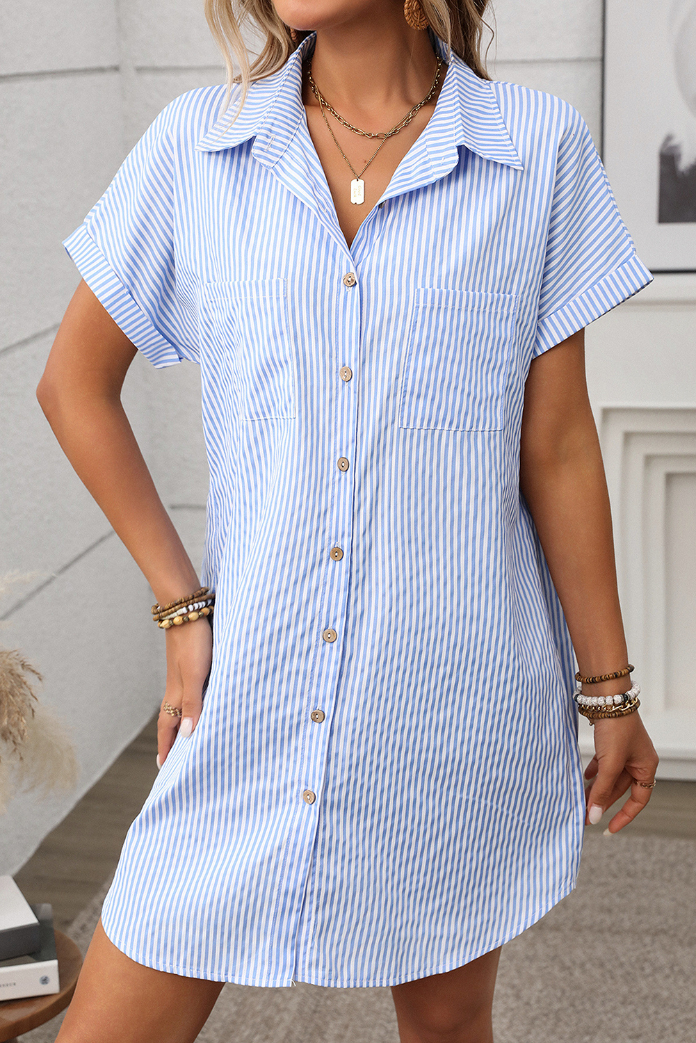 Black Stripe Button Up Pocket Collared Mini Dress Sky Blue Stripe 7d99868d596f58eb