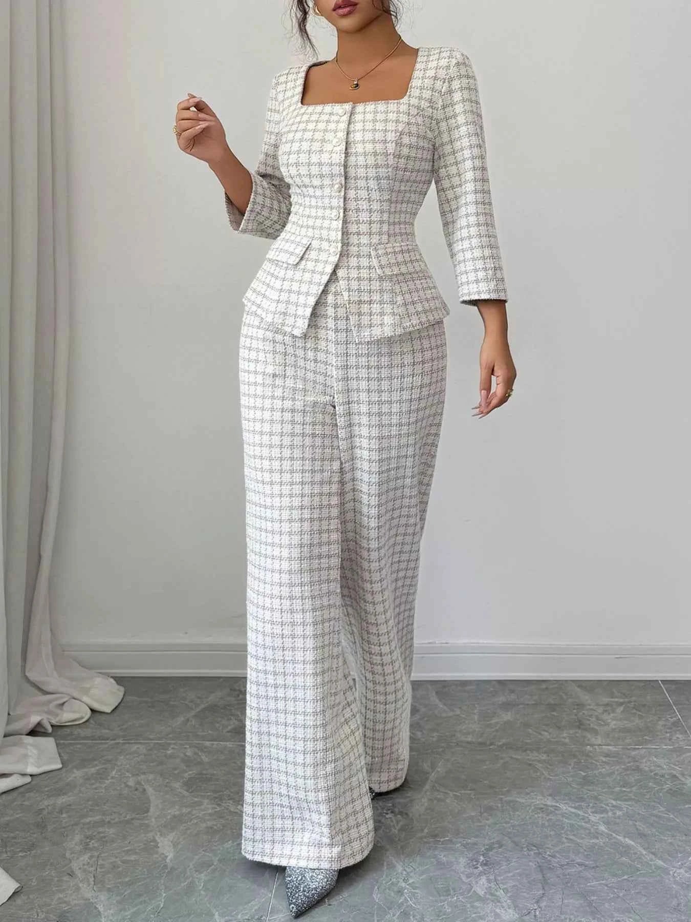 Plaid Square Neck Button Up Top and Pants Set 7da425f5-efff-40e2-ac8a-eef1c10d1ea9-Max-Origin