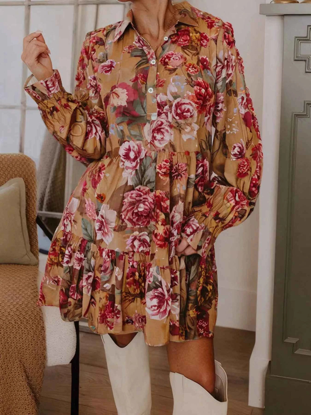Floral Print Half Button Flounce Sleeve Ruffle Mini Dress 7daf257f76df4cf4af48dbaeb97d7997-Max-Origin