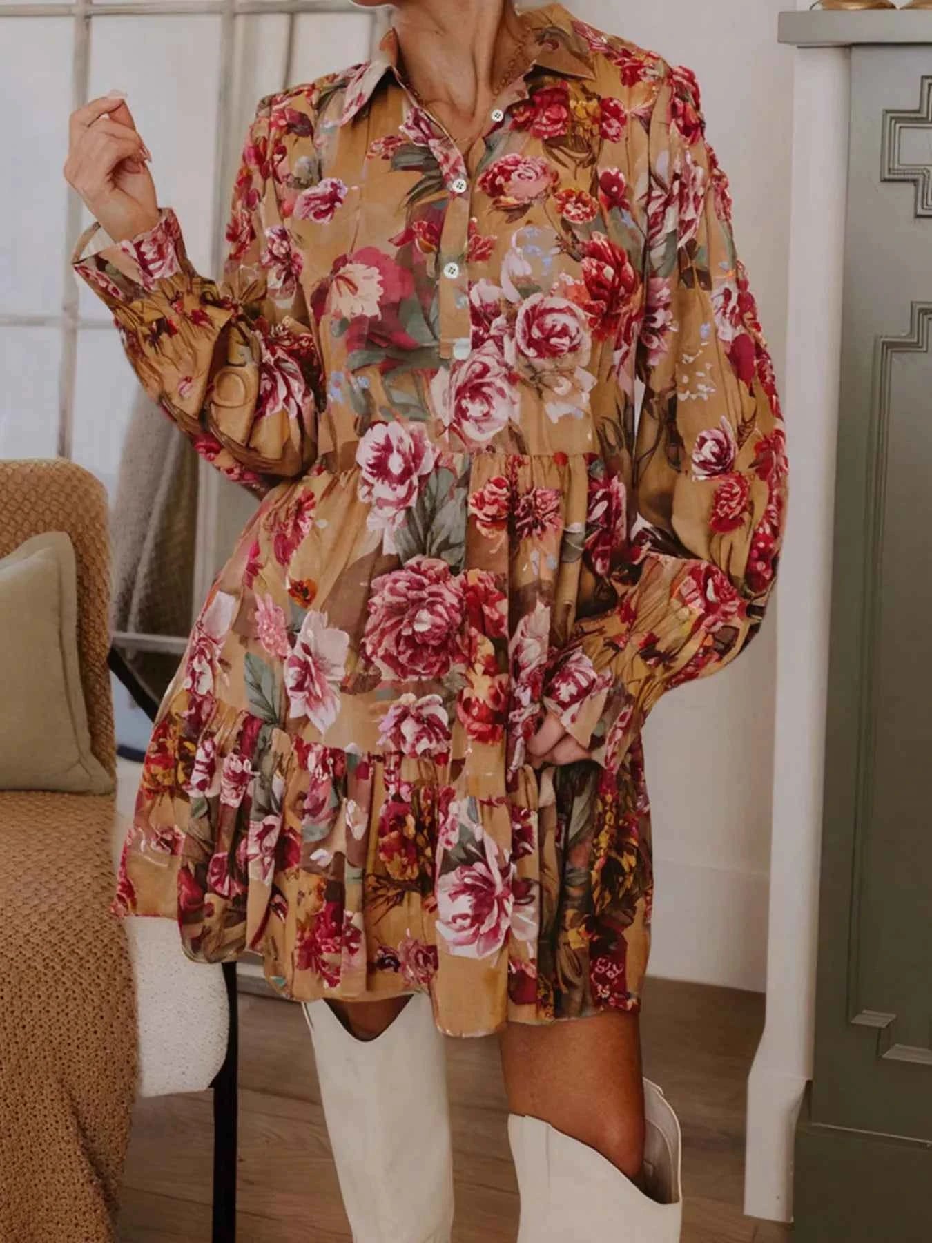 Floral Print Half Button Flounce Sleeve Ruffle Mini Dress 7daf257f76df4cf4af48dbaeb97d7997-Max-Origin
