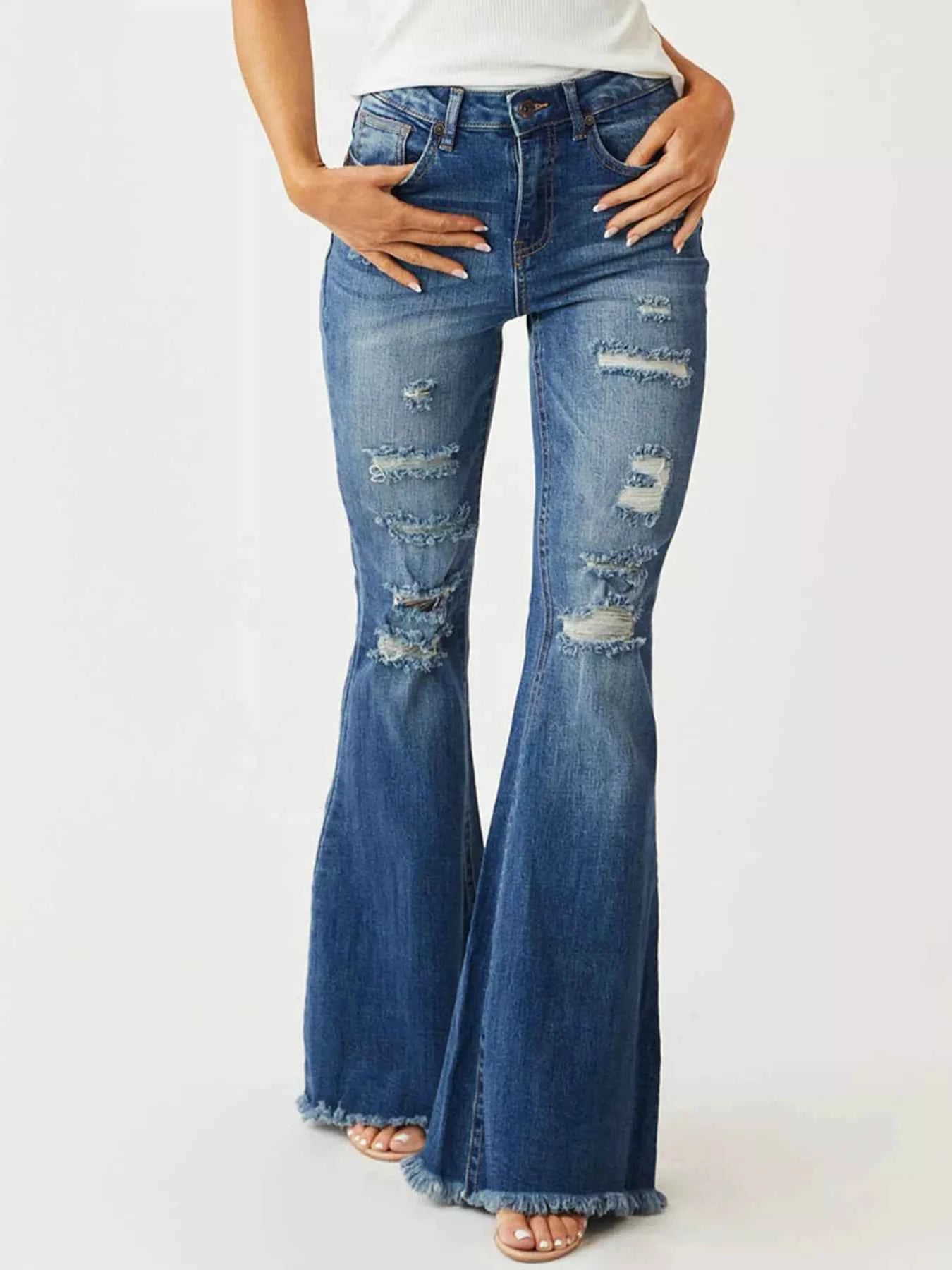 Distressed Raw Hem High-Waisted Flare Jeans 7dcc9b9b1dd74d9cb52d56a2c947b942-Max-Origin