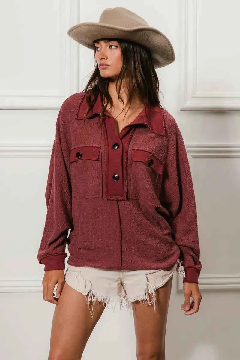 BiBi Cp French Terry Cut Edge Detail Collared Top MARSALA 7dcf0b547dda43a69db4e77cd60033b0-Max-Origin