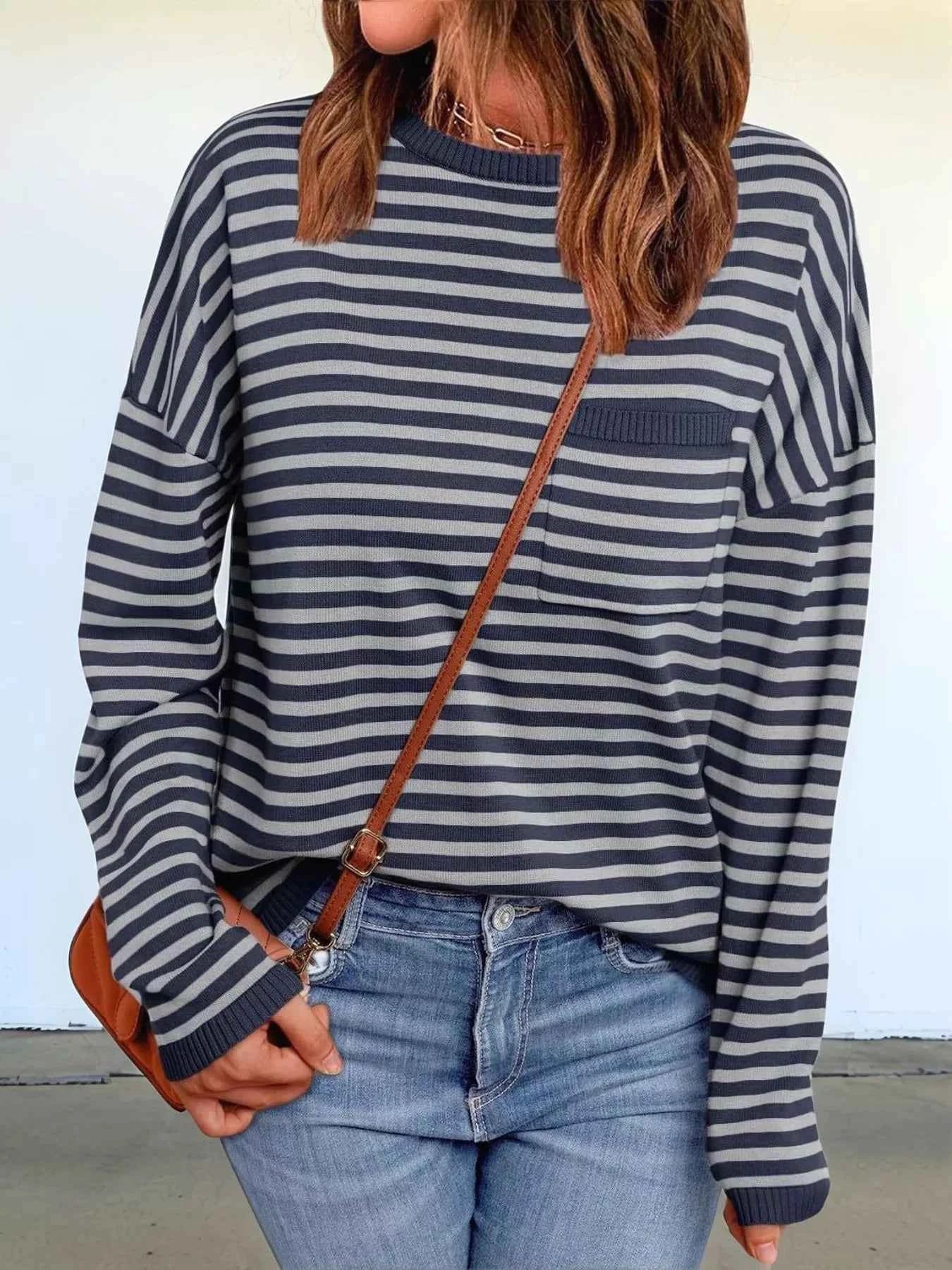 Striped Round Neck Long Sleeve Knit Top Dark Gray 7dd8c20b-8a63-4d3b-a81f-6cb74c29a1b6-Max-Origin