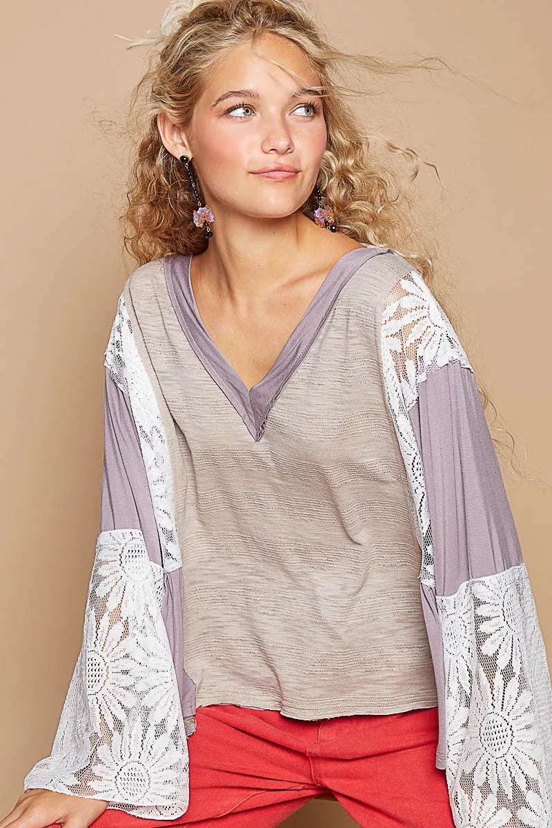 POL Lace Detail V-Neck Flare Sleeve Blouse Gray 7ddc17a3-1ca4-40ad-bce3-0f1c160e9d56-Max